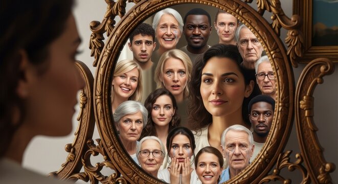 Woman looks into mirror with multiple faces reflected