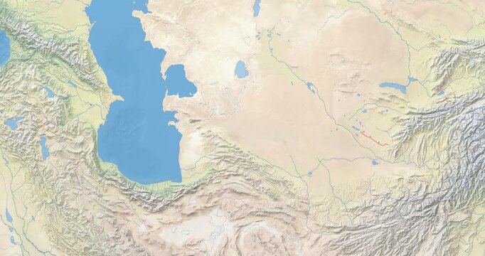 Turkmenistan on Globe. Zoom into the country with Earth spinning on dark background. Physical world map with Turkmenistan and label on it. Country view animation.