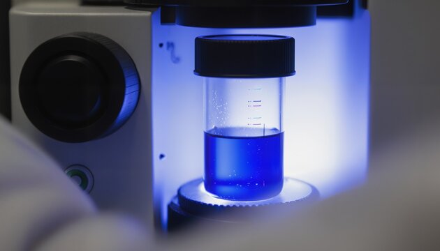 Blue liquid in test tube under microscope filled with is placed light illuminating the scene