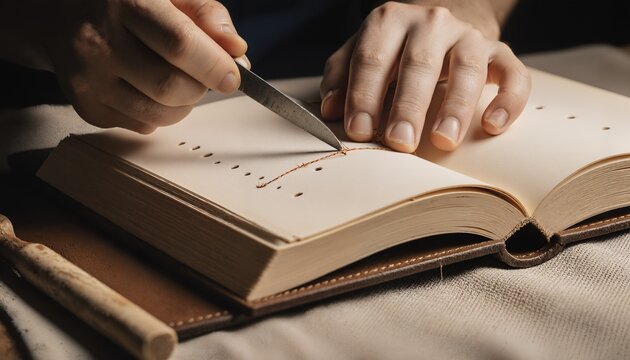 Handmade bookbinding process person is carefully cutting thread through holes demonstrating