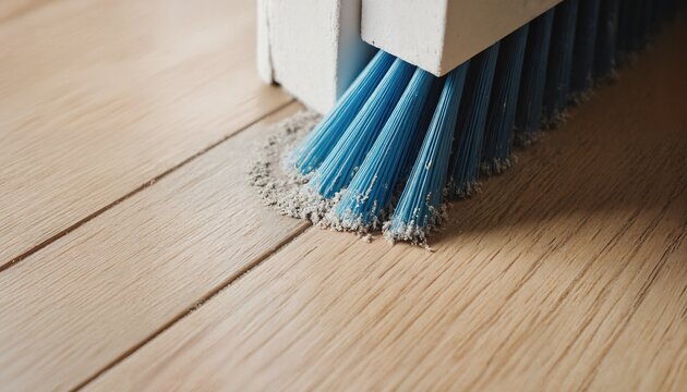 Blue Broom Dusting Hardwood Floor close-up of sweeping off light brown with white baseboard
