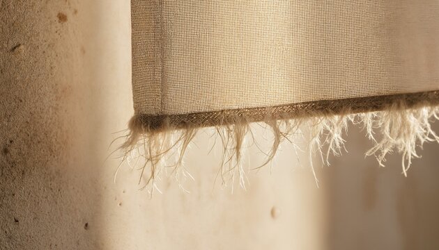 Close-up of frayed burlap curtain edge shot revealing the texture and fibers hanging down textured