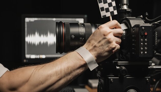 Adjusting Camera Lens in Studio person adjusts the of professional setting with monitor displaying