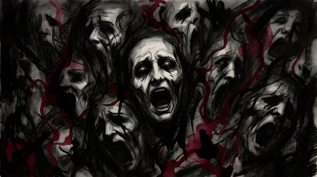 Dark artistic illustration of multiple screaming ghostly faces