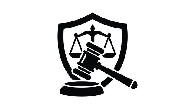 Scales of justice and gavel behind shield silhouette on white background