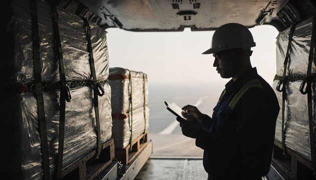 cargo plane loader using tablet man hard hat and reflective safety gear stands inside computer