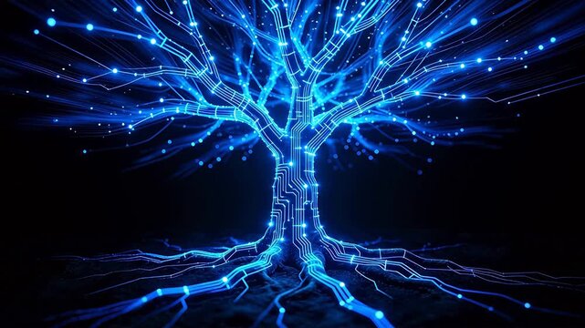 Digital tree with glowing blue circuit board patterns and roots on black background