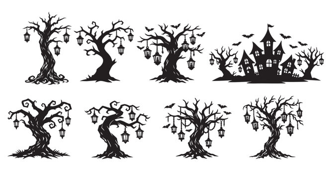 A spooky Halloween vector illustration featuring a bare twisted tree with hanging lanterns and crooked branches.