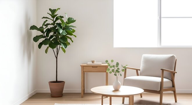 Minimalist living room with fiddle leaf fig plant, chair, table & window