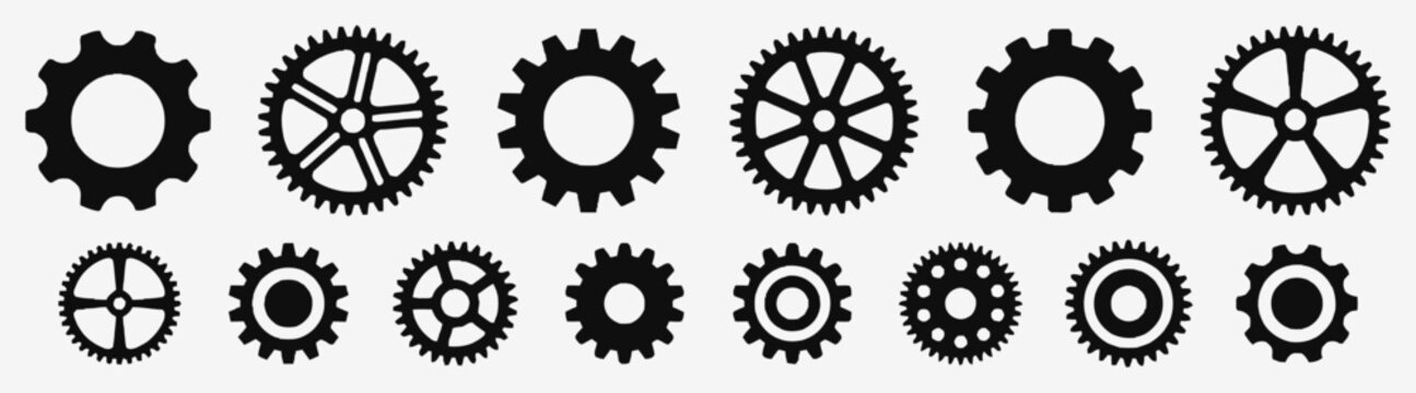 Set of black gear icons with varied mechanical cog designs