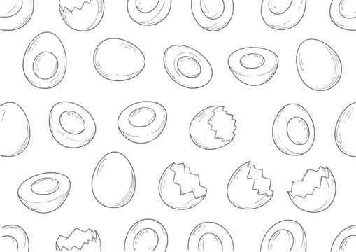 Seamless pattern of hand-drawn eggs and eggshells