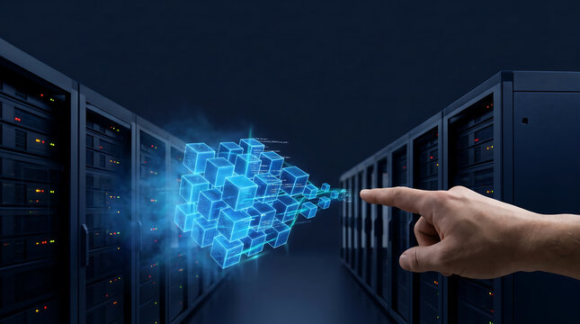 Cloud Business Data Cube Network Projecting in Front of Server Rack Corridor