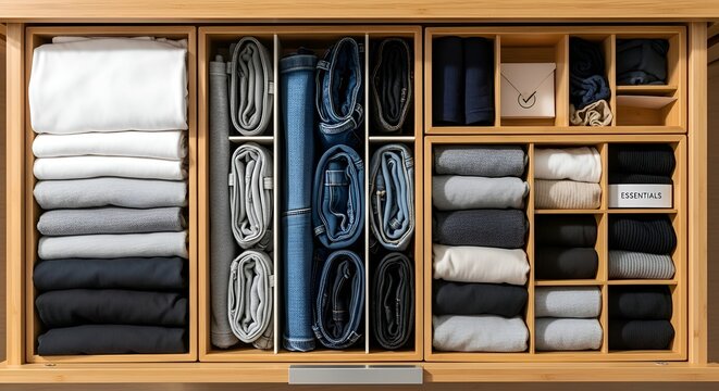 Neat wardrobe drawers with clothes folded with organization and tidiness