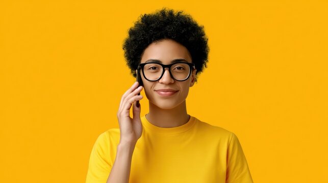 Smiling young person with curly hair and glasses having phone conversation on vibrant yellow background