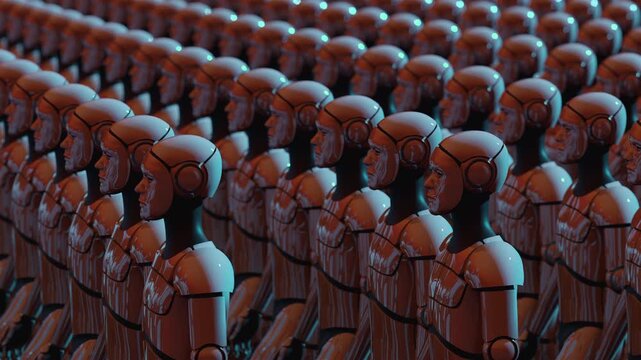3d animation loop of an army of identical futuristic androids. Abstract visualization of artificial intelligence, cloning and technology evolution. Cinematic sci-fi atmosphere for tech projects.