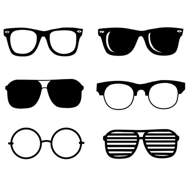 Set of black silhouette glasses icons on a white background