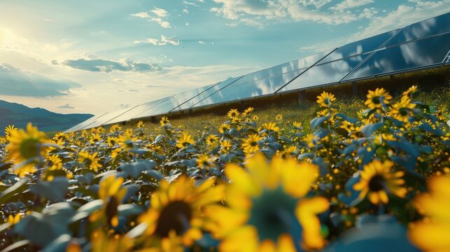 Hyperrealistic wide shot of solar array amid sunflowers Canon EOS