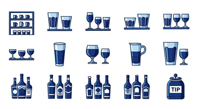 Collection of Barware and Drinkware Icons: Glasses, Bottles, Pitcher, and Tip Jar