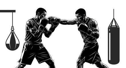 Two boxers sparring in a gym, one throwing a punch, black and white illustration © Tyasa