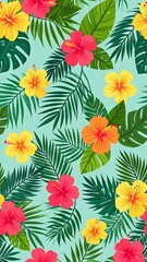 A vibrant floral pattern with colorful flowers and lush green leaves