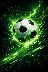 Fototapeta premium A soccer ball surrounded by vibrant green lightning and energy effects