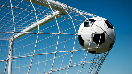 Naklejka premium Soccer ball flying into goal net on a clear day