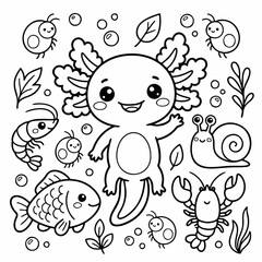 Fototapeta premium Cute Kawaii Axolotl Floating with Underwater Creatures Line Art Illustration