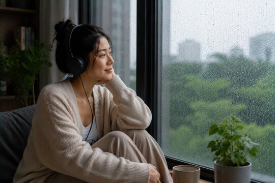 asian woman wearing headphones while sitting beside rainy window, relaxing indoor lifestyle, realistic photography