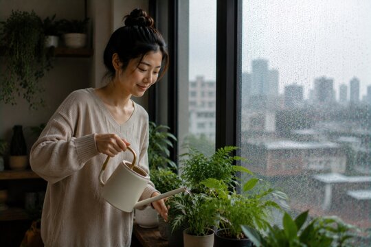 asian woman watering indoor plants near rain covered apartment window, peaceful rainy lifestyle, realistic photography
