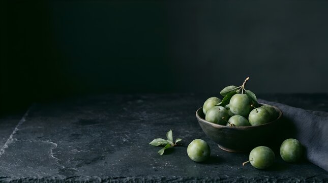 Fresh Greengage Plums in Bowl on Dark Stone Surface