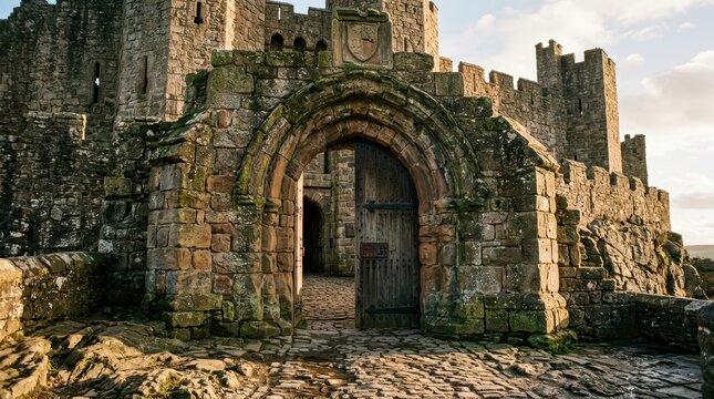 Ancient Stone Castle Entrance with Rustic Wooden Door and Cobblestone Path