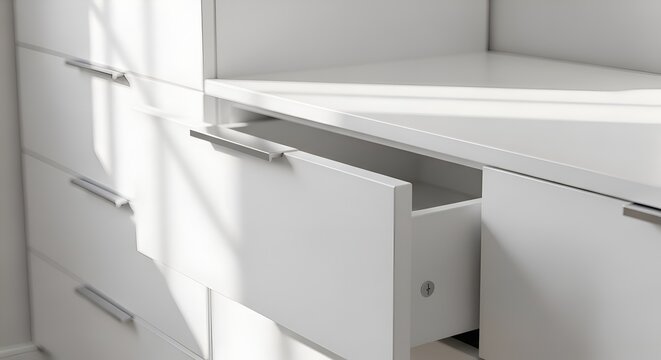 Modern white closet drawers open sunlight, home interior