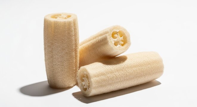 Three natural loofah sponges isolated on white background