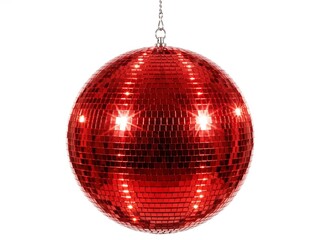 Fototapeta premium A vibrant red disco ball with numerous reflective facets, suspended and sparkling against a plain white background, ready for a party atmosphere.