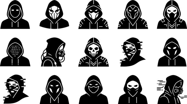 Mysterious hacker figures in hoodies with masks and glitches