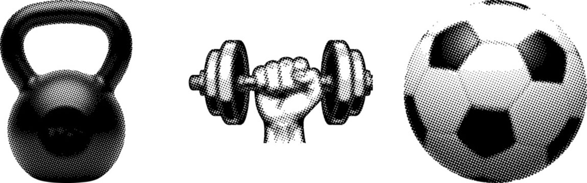 Black and white halftone illustration sof fitness equipment and soccer ball for sports and exercise
