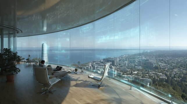 Futuristic remote work environment with holographic screens modern business concept