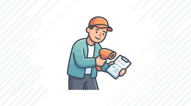 Cartoon character scanning document with barcode scanner and clipboard