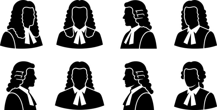 Judges and legal professionals silhouettes in traditional wigs and robes vector
