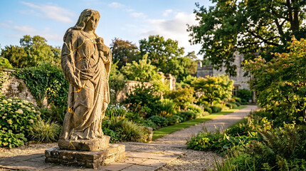 Fototapeta premium Outdoor stone statue of a woman repaired with golden seams standing in a lush green garden path