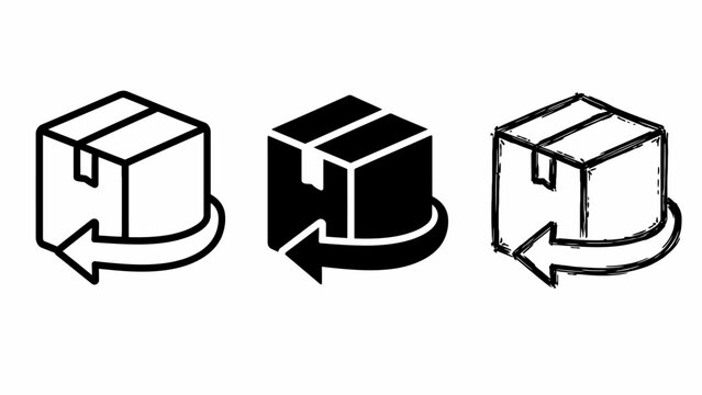 Black and white package icons with arrows indicating return process