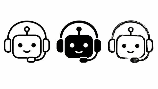 Three robot icons with headsets in minimalist and sketch styles