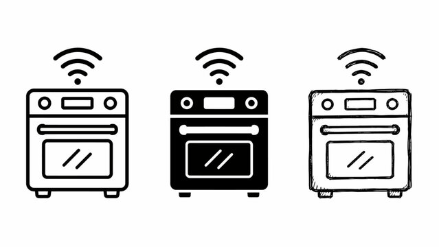 Smart oven icon set: wi-fi enabled kitchen appliances in three styles
