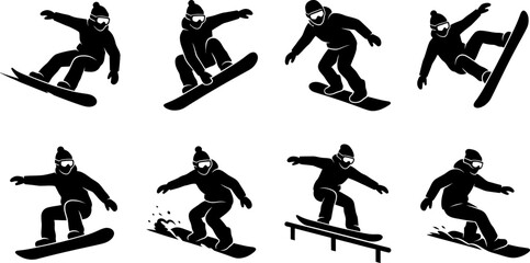 Snowboarder action poses performing tricks on snow and ramps © PIXAVIVE