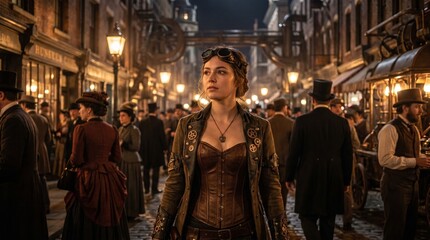 Obraz premium Woman in a steampunk attire walking in a downtown of a steampunk city at night