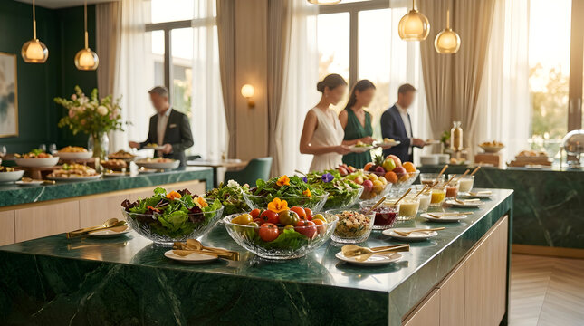 People serving food at a buffet table with salads and plates