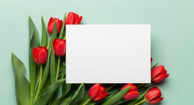 Beautiful red tulips with a blank white card on a light green background, top view, copy space for text