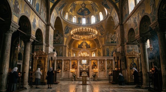 Grand Byzantine Orthodox Cathedral Interior with Intricate Mosaics and Iconostasis