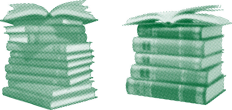 Green halftone illustration of two crumpled paper bags side by side
