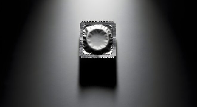 Single condom in silver foil wrapper, safe sex concept, sexual health awareness